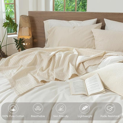 MooMee Striped Sheet Set 100% Washed Cotton Linen Like Textured Breathable Durable Soft Comfy (Almond Milk Grey White Wide Stripes, King)