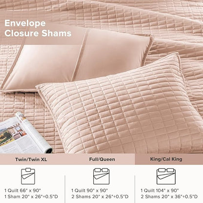 Comfort Spaces Kienna Quilt Set- Double Sided Stitching Design Summer Blanket, Lightweight, Soft, All Season Bedding Layer, Matching Sham, Blush, Coverlet King (104"x90") 3 Piece