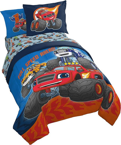 Jay Franco Kids Comforter Set Includes Sheets and Pillow Covers - Soft and Cozy Bed Set for Stylish Room Decor, Blue - Blaze and The Monster Machines, 5 Piece Twin Size Bedding