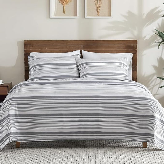 ClevaHome Classic Stripe Sheet Set - 4 Pieces Super Soft & Breathable Bed Sheet Set with Deep Pocket, Enhanced Comfort & Easy Care (Queen, Stone Stripe)