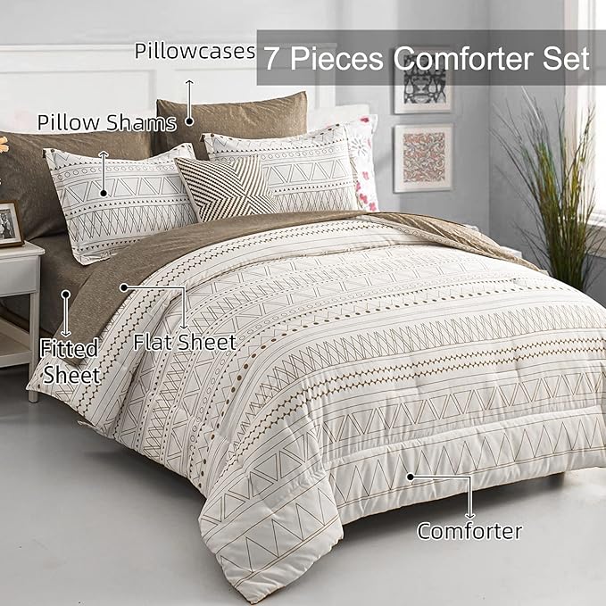WONGS BEDDING Brown Boho Comforter Set Queen 7 Pieces Bed in a Bag Geometric Striped Comforter Reversible Soft Microfiber Bedding Set with Pillowcases,Flat Sheet,Fitted Sheet,Pillow Shams