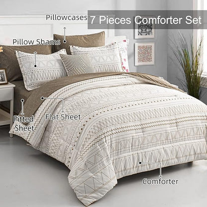 WONGS BEDDING 7 Pieces Brown Comforter Set King Size,Boho Bed in a Bag Geometric Stripe Comforter Reversible Soft Microfiber Bedding Set with Pillowcases & Shams,Flat Sheet,Fitted Sheet