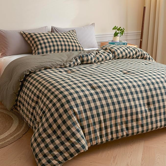 Cyusri Cotton Plaid Queen Comforter Set - Soft Lightweight Bedding 3 Pieces Dyed Bed Set with 2 Pillow Shams,Reversible All Season Farmhouse Down Alternative(Queen Size 90"x90" Dark Green)