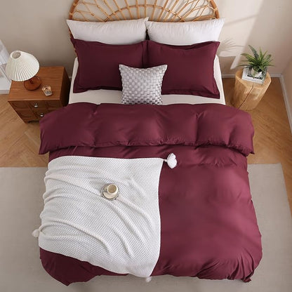 JSD Burgundy Duvet Cover Set Full Size, 3 Piece Duvet Cover with Pillow Shams, Soft Brushed Microfiber Zipper Closure, Comforter Not Included