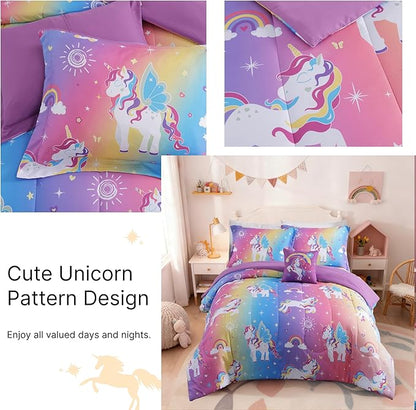 Twin Comforter Set for Girls -3 Pieces Rainbow Unicorn Twin/Twin XL Bedding Set with 1 Comforter, 1 Decor Pillow, 1 Pillow Sham
