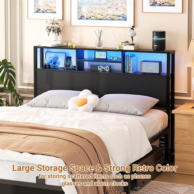 Aheaplus Headboard for Full Size Bed with Storage, Headboards with Outlets | Full Size Head Board Only, with USB Ports and LED Light, Height Adjustable, Reversible, Sturdy & Stable Headboard, Black