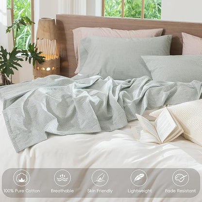 MooMee Striped Sheet Set 100% Washed Cotton Linen Like Textured Breathable Durable Soft Comfy (Heathered Green Pinstripes, King)