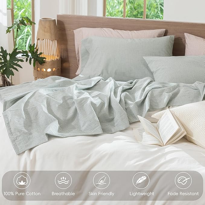 MooMee Striped Sheet Set 100% Washed Cotton Linen Like Textured Breathable Durable Soft Comfy (Heathered Green Pinstripes, Queen)