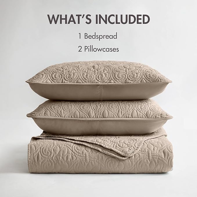 Madison Park Quebec Reversible Quilt Set Damask Design, Double Sided Stitching All Season, Lightweight Bedspread Bedding Set, Matching Sham, Khaki, King(120"x118") 3 Piece