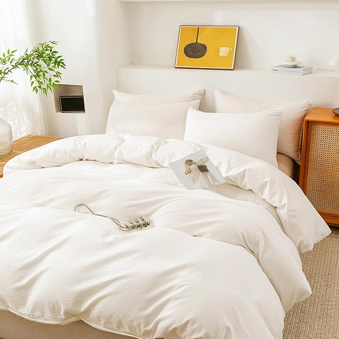 ECOCOTT White Duvet Cover California King Size, 100% Washed Cotton 1 Duvet Cover with Zipper and 2 Pillowcases, Ultra Soft and Easy Care Breathable Bedding Set (White, California King)