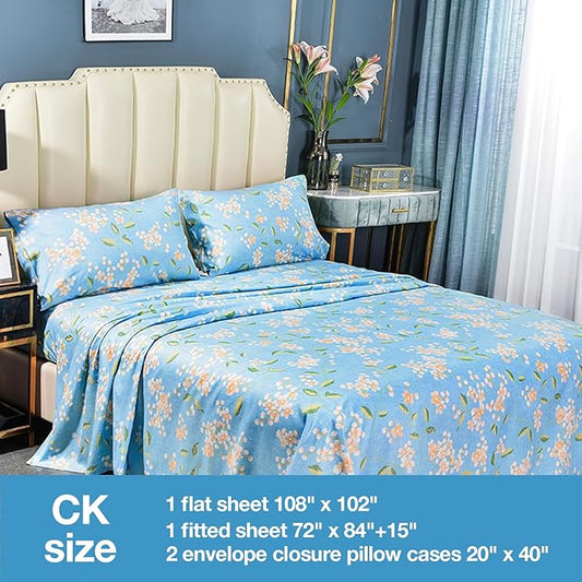 JSD Blue Floral Printed Sheet Set Cal King, 4 Piece Soft Pattern Microfiber Sheets Extra Deep Pocket