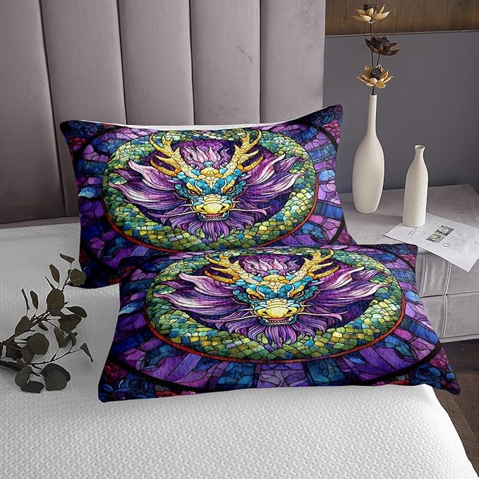 Chinese Dragon Kids Bedspread King Size,Dragon Scale Western Animals Coverlet Set,Boys Girls Room Decor,Geometric Patchwork Abstract Quilted Coverlet,Blue Purple Gothic Bedding Quilt,2 Pillowcases