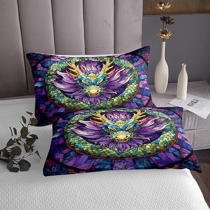 Chinese Dragon Kids Bedspread Twin Size,Dragon Scale Western Animals Coverlet Set,Boys Girls Room Decor,Geometric Patchwork Abstract Quilted Coverlet,Blue Purple Gothic Bedding Quilt,1 Pillowcase