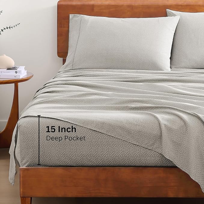 LANE LINEN 100% Organic Cotton Grey (White Dot) Full-Sheets Set 4-Piece Long Staple Percale Weave Bedding Sheets for Bed Breathable Fits Mattress Upto 15in Deep