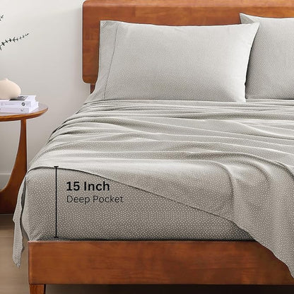 LANE LINEN 100% Organic Cotton Grey (White Dot) Full-Sheets Set 4-Piece Long Staple Percale Weave Bedding Sheets for Bed Breathable Fits Mattress Upto 15in Deep