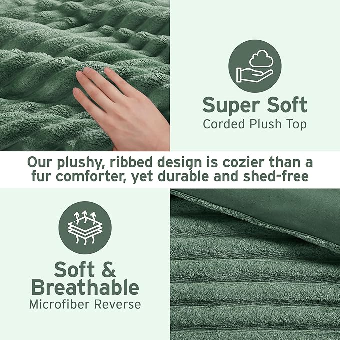 Intelligent Design Queen Comforter Set, Cozy Plush Bedding, Microfiber Reverse, 3 Piece, Lightweight, Super Soft Ribbed Velvet Comforter 2 Shams, All Season Fluffy Bed Set, Avril, Full/Queen Green