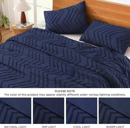 Litanika Comforter Oversized King Size Set Navy Blue, 3 Pieces Chevron Tufted Solid Bedding Comforter Sets, Fluffy Bed Set