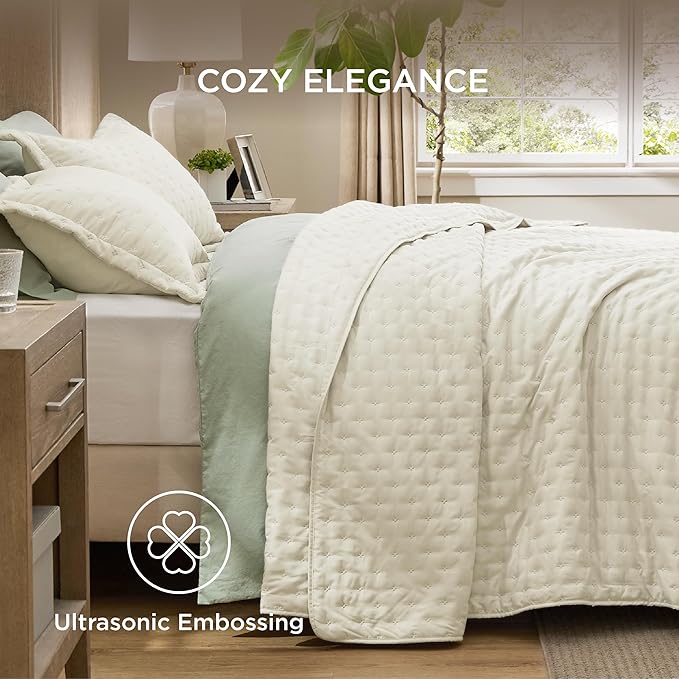 Bedsure Quilts Queen Size - Cream Bedspread Queen Size & Lightweight Comforter, Modern Cottage Coverlet with Clover Pattern, Ultra Soft All-Season Bedding, 90 x 96 Inches | Stitch-Free Quilting, Ultra Soft, Lightweight, Machine Washable, Pet-Friendly