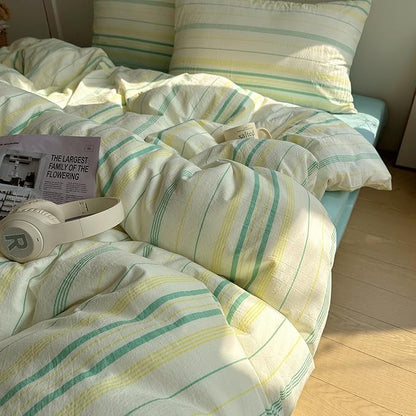 EAVD Vintage Striped Comforter Set Queen Soft Cotton 3-Piece Boho Bedding Set with 2 Pillowcases Retro Yellow-Green Vertical Stripes Geometric Comforter Set for All-Season