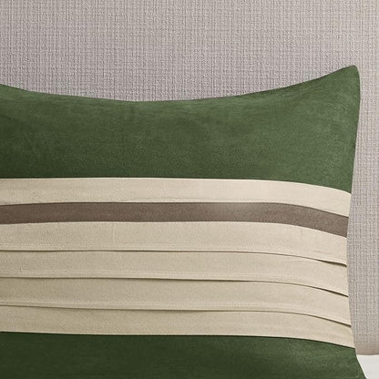 Madison Park Palmer Comforter Set-Luxury Faux Suede Design, Striped Accent, All Season Down Alternative Bedding, Matching Shams, Decorative Pillow, Bed Skirt, Queen (90 in x 90 in), Green 7 Piece