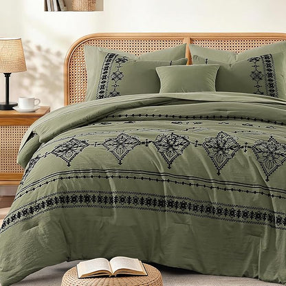 MaiRêve Queen Size Comforter Set Olive Green, Embroidery Floral Western Boho Bedding Set, All Season 7 Pieces Bed in a Bag with Sheets, Pillowcases & Shams