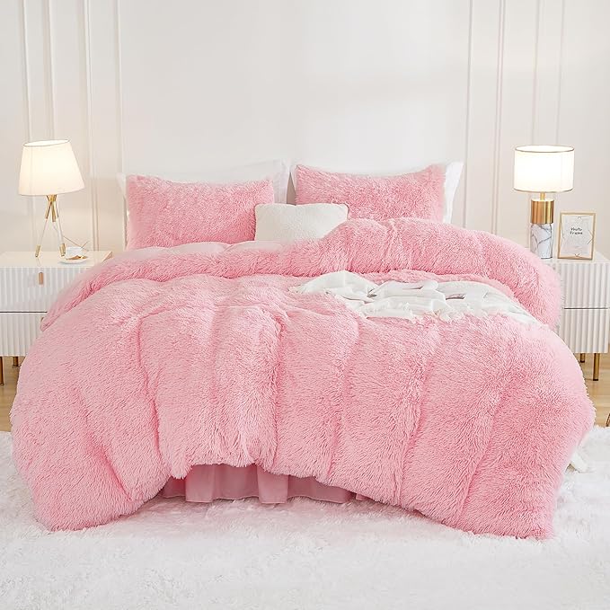 Andency Pink Comforter Full Size, 3 Pieces Fluffy Faux Fur Warm Soft Fuzzy Plush Bedding Comforter Set, Puffy Comfy Down Alternative Comforter Blanket Set
