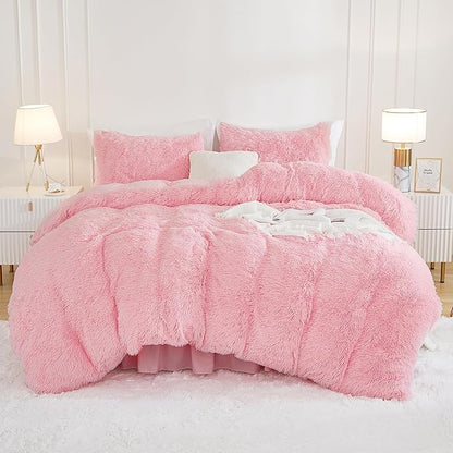 Andency Faux Fur Pink Comforter Set King Size, 3 Pieces Fluffy Fuzzy Plush Bedding Comforter Set (1 Shaggy Velvet Comforter & 2 Pillowcases), Soft Puffy Comfy Down Alternative Comforter Bedding Set