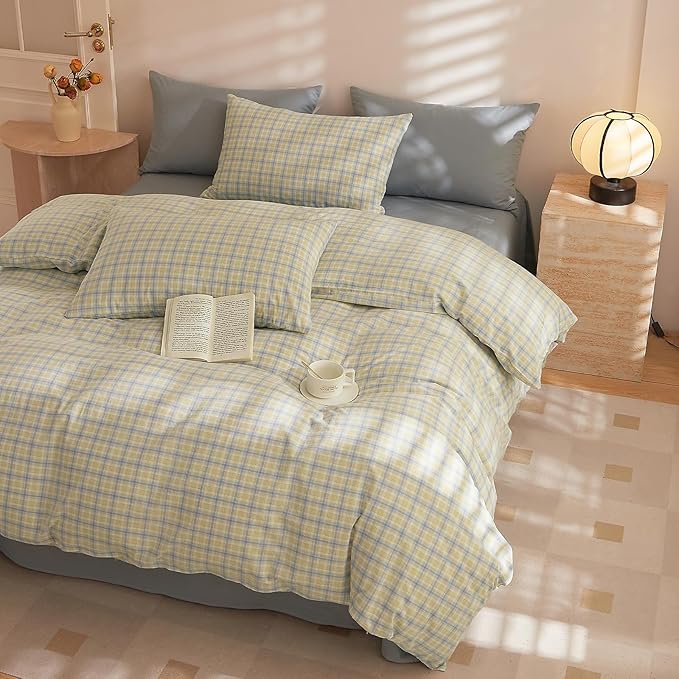 EAVD Modern Gingham Duvet Cover King Soft Washed Cotton Yellow Blue Grid Plaid Bedding Set with 2 Pillowcases Farmhouse Reversible Plaid Checkered Duvet Cover with Zipper Closure