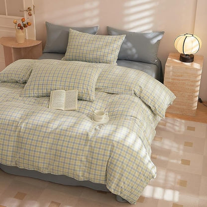 EAVD Modern Gingham Duvet Cover Full Soft Washed Cotton Yellow Blue Grid Plaid Bedding Set with 2 Pillowcases Farmhouse Reversible Plaid Checkered Duvet Cover with Zipper Closure