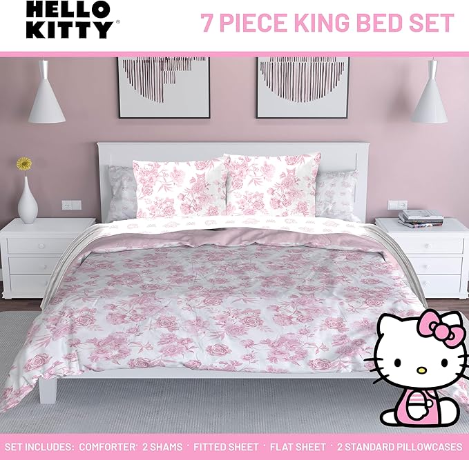Jay Franco Comforter Set Includes Sheets and Pillow Covers - Soft and Cozy Bed Set for Stylish Room Decor, Official Licensed Bedding, Multi - Hello Kitty, 7 Piece King