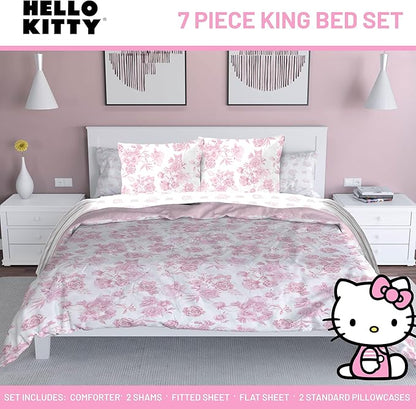 Jay Franco Comforter Set Includes Sheets and Pillow Covers - Soft and Cozy Bed Set for Stylish Room Decor, Official Licensed Bedding, Multi - Hello Kitty, 7 Piece King