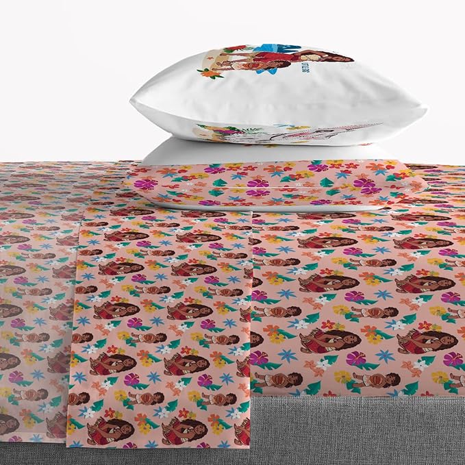 Jay Franco Kids Sheet Set with Fitted, Flat Sheets & Pillow Cover - Ultra-Soft Bedding with Pillowcase for Room Decor, Pink - Moana, 4 Piece Queen