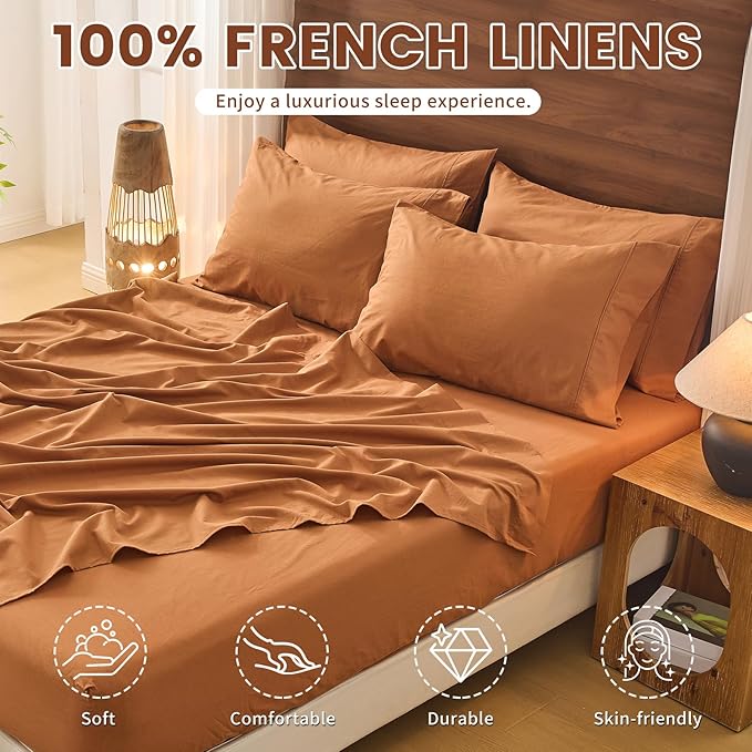 Bedlifes 100% French Pure Linen Sheets Queen Size Breathable and Cooling Flax Sheet Set Soft Durable and Moisture Wicking 16 Inch Deep Pocket-4 Piece(Queen,Brown)