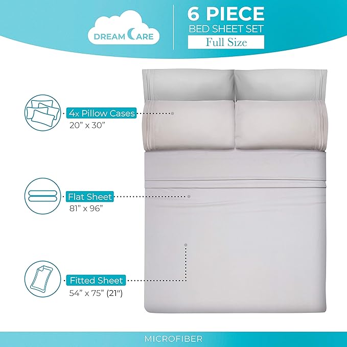 DREAMCARE Sheets Full Size Bed – 6 Pcs Cooling Bed Sheets– Full Sheet Set – Full Size Sheets – Full Size Sheet Sets Soft & Long Lasting – Extra Soft 100% Brushed Microfiber with Side Pocket –L Gray