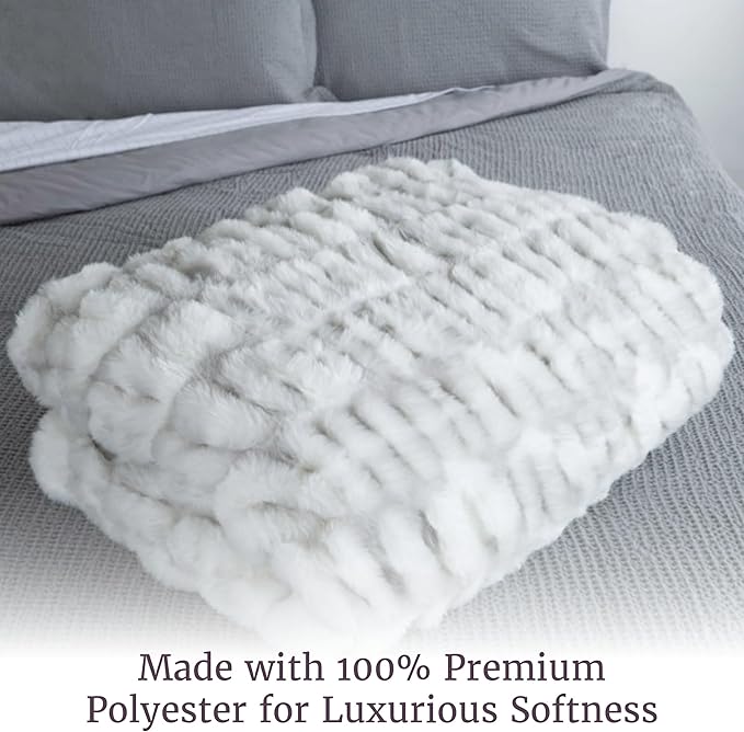 Oversized Ruched Faux Fur Blanket - 60x80-Inch Jacquard Faux Fur Queen-Size Throw for Sofas and Beds - Luxurious Bedding by Lavish Home (Gray)