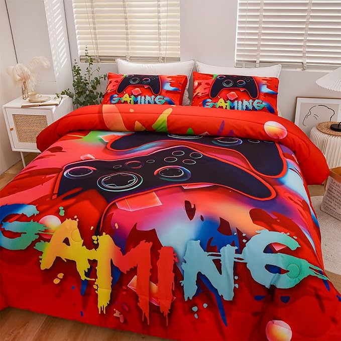 Aimuan Gaming Comforter Sets for Boys Kids Bedding Sets Video Games Console Action Buttons Novelty Colorful Game Gamepad Controller Modern Gamer Room Decor Home Quilt Set (Queen, Red)