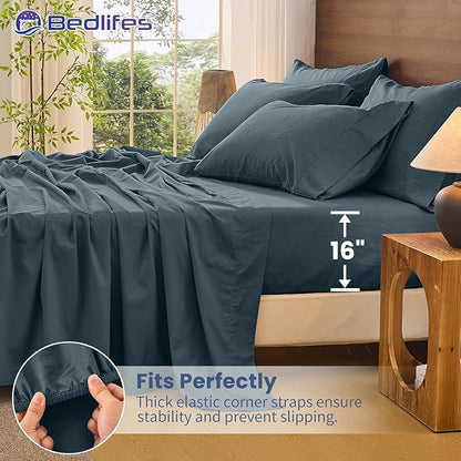 Bedlifes 100% French Pure Linen Sheets King Size Breathable and Cooling Flax Sheet Set Soft Durable and Moisture Wicking 16 Inch Deep Pocket-4 Piece(King,Cool Gray)