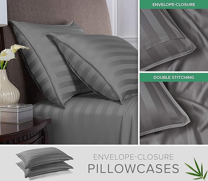 King Pillowcases by Pure Bamboo, Genuine 100% Organic Viscose Derived from Bamboo, Luxuriously Soft & Cooling, Double Stitching, Envelope Closure (2 King Pillowcases, Jacquard Stone)