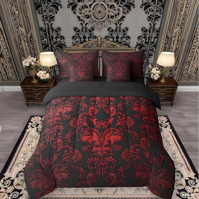 Erosebridal Gothic Damask Bed in a Bag King Size Comforter Set 7 Pieces,Butterfly Skull Bedding Sets Red Black Victorian Floral Goth Sheet Set with Comforter