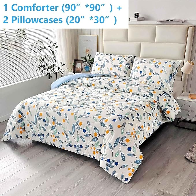 SDIII 3PCS Blue Floral Comforter Set Queen, Soft Microfiber Lightweight Blue Floral Comforter Queen, Vintage Coquette Bedding Quilt Set for All Season
