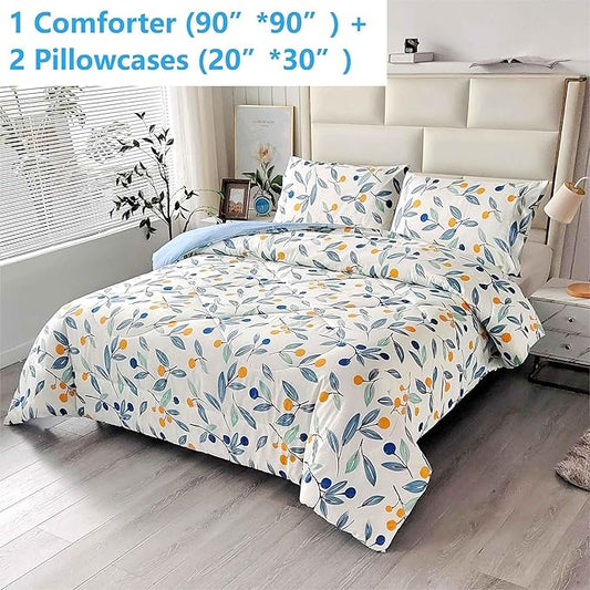 SDIII 3PCS Blue Floral Comforter Set Queen, Soft Microfiber Lightweight Blue Floral Comforter Queen, Vintage Coquette Bedding Quilt Set for All Season