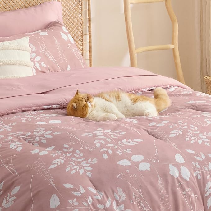 Bedsure Rose Pink Full Comforter Set - 7 Pieces Floral Bedding Sets Full Bed in a Bag with Reversible Botanical Flowers Comforter, Sheets, Pillowcases & Shams