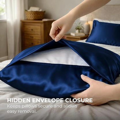 Pure Bedding Satin Pillowcase 2 Pack - Queen Size (20"x30", Navy) - Silky Pillow Cases for Hair and Skin - Satin Pillow Covers with Envelope Closure - Extra Soft Premium Microfiber
