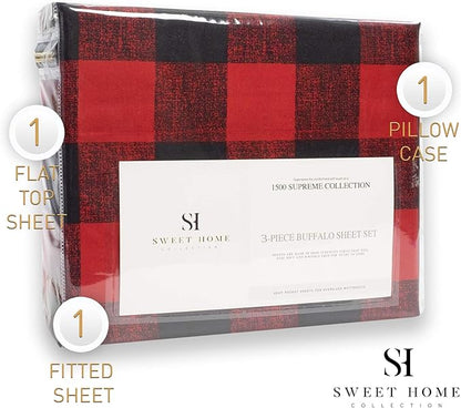 1500 Supreme Collection Buffalo Print Sheet Set, Twin XL Size - Luxury Bed Sheets Set with Deep Pocket Wrinkle Free Bedding, Twin XL, Burgundy/Black Buffalo Print