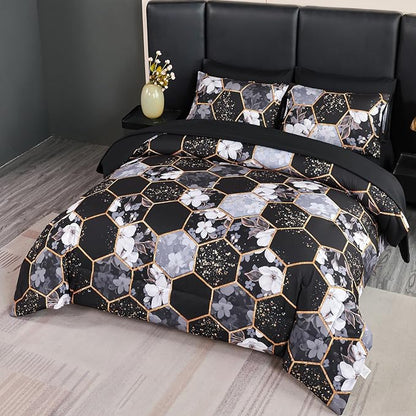 ANGIYUIN Black Gold Full Comforter Sets Floral Print Bedding Sets 7 Pieces Marble Bed in A Bag with Sheets White Flowers Bedding Comforter Sets for Women Men
