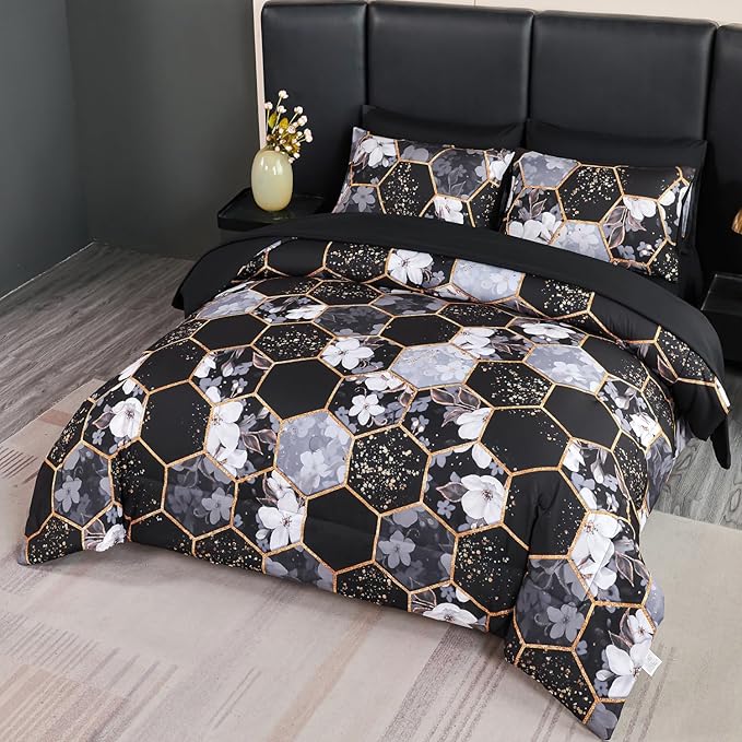 ANGIYUIN Black King Size Comforter Sets Marble Bed in A Bag with Sheets Flowers Bedding Sets for Women Men Gold Geometric Hexagon Print Comforter Bed Sets
