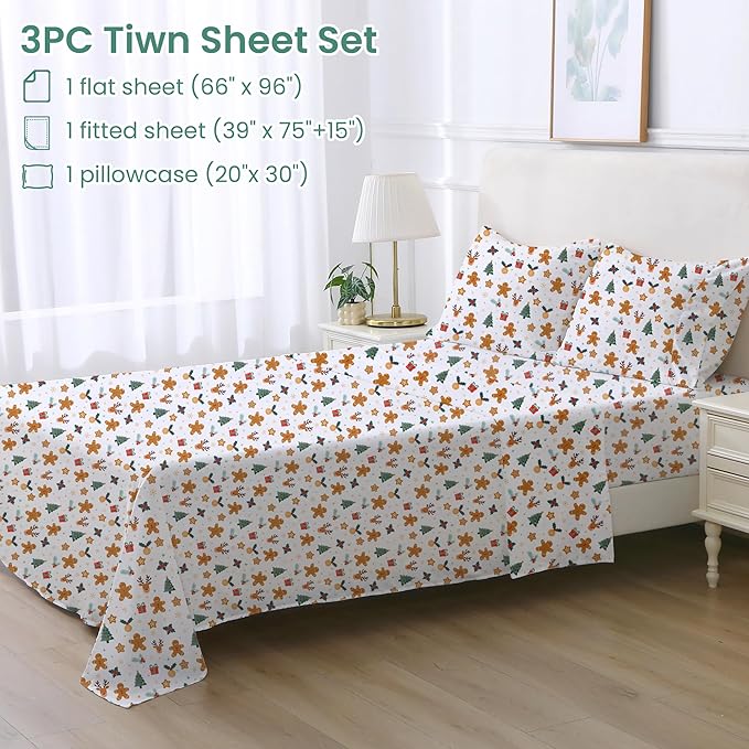 Softan Christmas Holiday Twin Size Sheet Set,3-Piece Printed Microfiber Fitted Bed Sheet with 15" Deep Pocket & Non-Slip Straps, Snowflake Reindeer Patterned Sheets & Pillowcase Set
