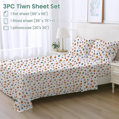 Softan Christmas Holiday Twin Size Sheet Set,3-Piece Printed Microfiber Fitted Bed Sheet with 15" Deep Pocket & Non-Slip Straps, Snowflake Reindeer Patterned Sheets & Pillowcase Set