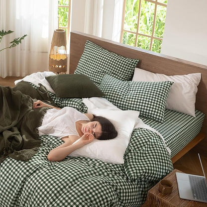 MooMee Bedding Pillowcases Gingham Pack of 2 100% Washed Cotton Linen Like Textured Breathable Durable Soft Comfy (Classic Gingham Forest Green, Standard)