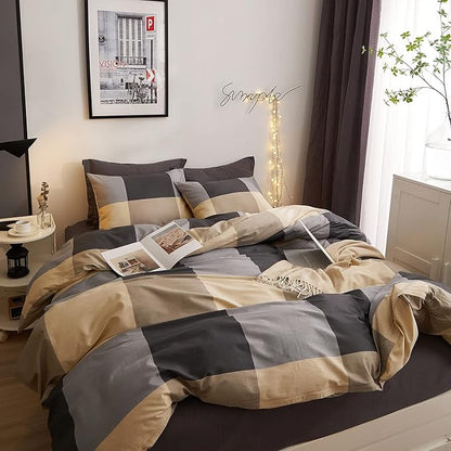 HighBuy Khaki Queen Comforter Set Buffalo Plaid Checkered Bedding Comforter Set Modern Style Gingham Comforter with 2 Pillow Shams Grid Pattern Bedding Comforter Queen for Boys Men All Season